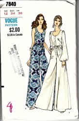 7840 Vogue 1970 Loose Flare  Snappy Jumpsuit Sleeves or Not, Belt Pattern 12 34B Cut
